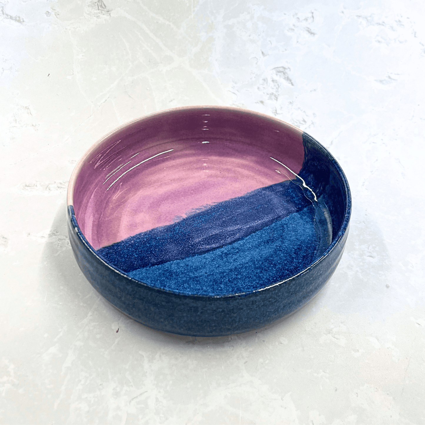 Ella Fletcher Designs Handmade Ceramic Pasta Bowl in Pink Landscape, bowl with layers of pinks and blues