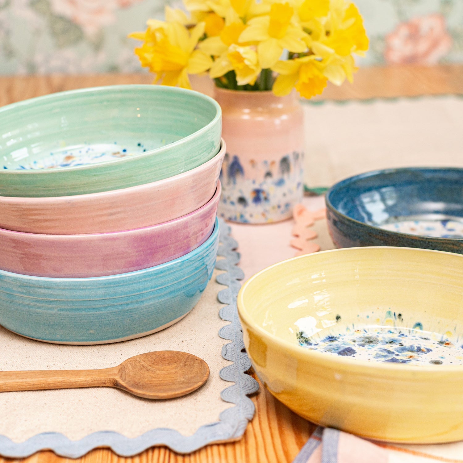 Ella Fletcher Designs Handmade Ceramic Pasta Bowls in a stack on a tablescape