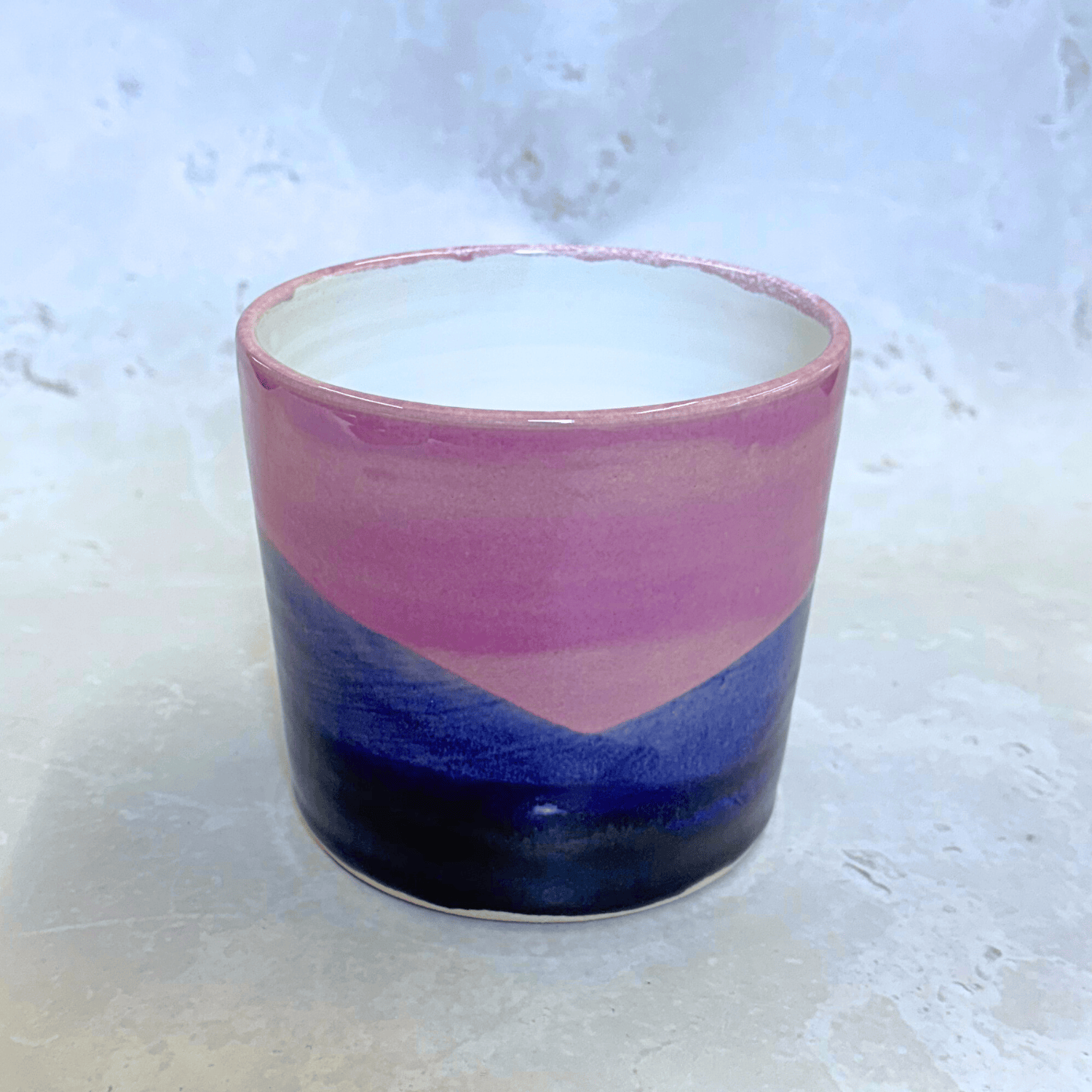 Ella Fletcher Designs Handmade Ceramic Pot in Blue Landscape, plant pot with layers of pinks and blues