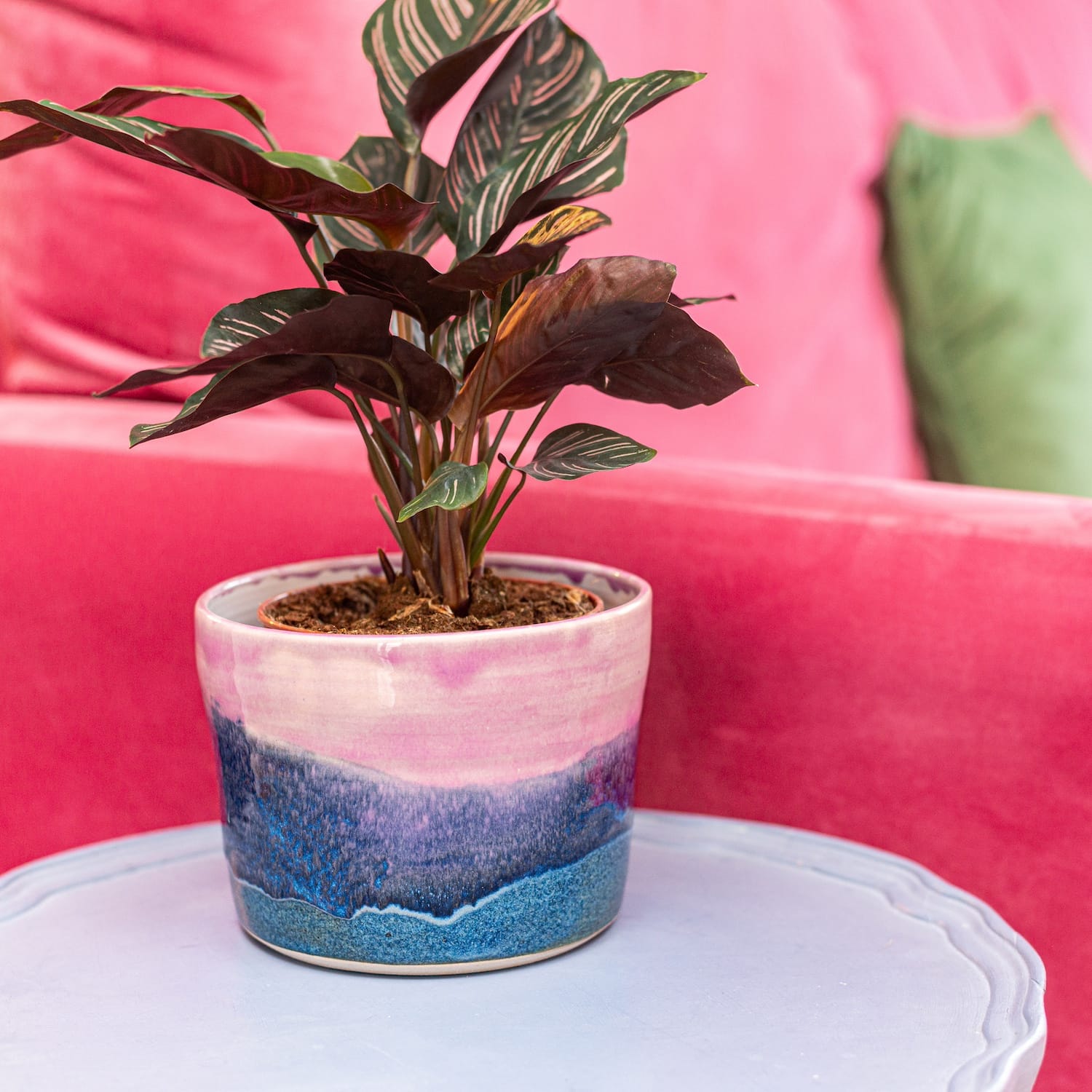 Ella Fletcher Designs Handmade Ceramic Pot in Pink Landscape Design on a side table with a plant