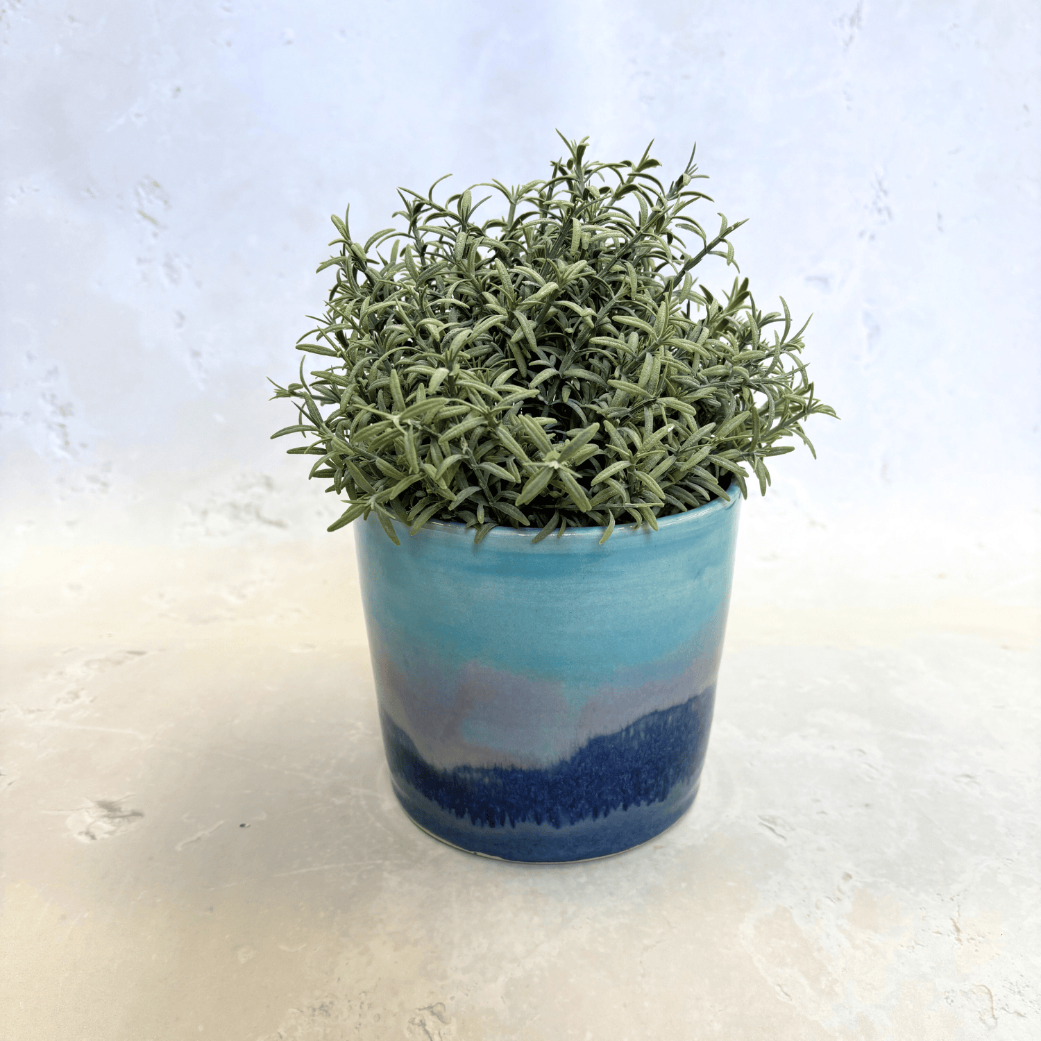 Ella Fletcher Designs Handmade Ceramic Pot in Scottish Sunrise Landscape, plant pot with layers of blues and pinks
