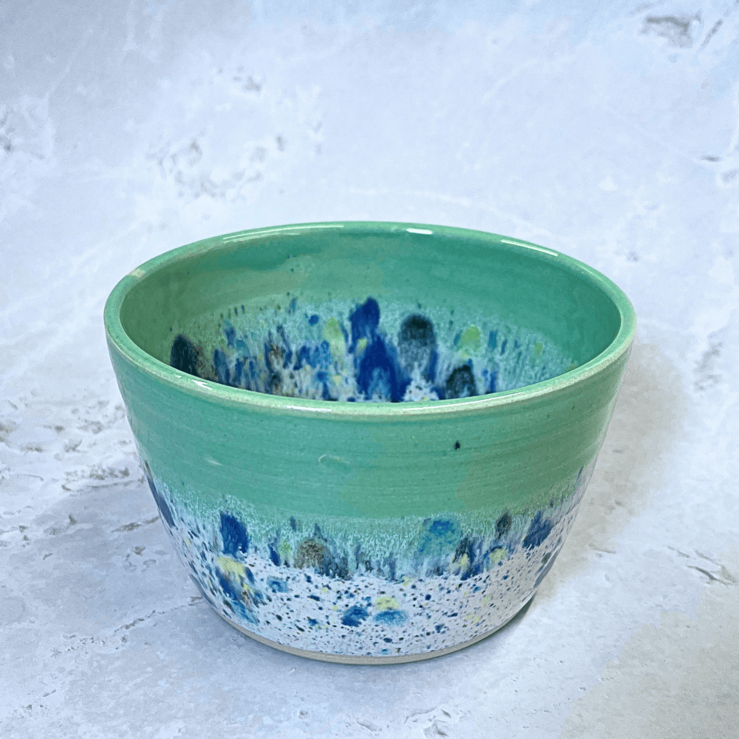 Ella Fletcher Designs Handmade Ceramics Small Bowl in Green Shoreline design, round green bowl with multicolour speckles