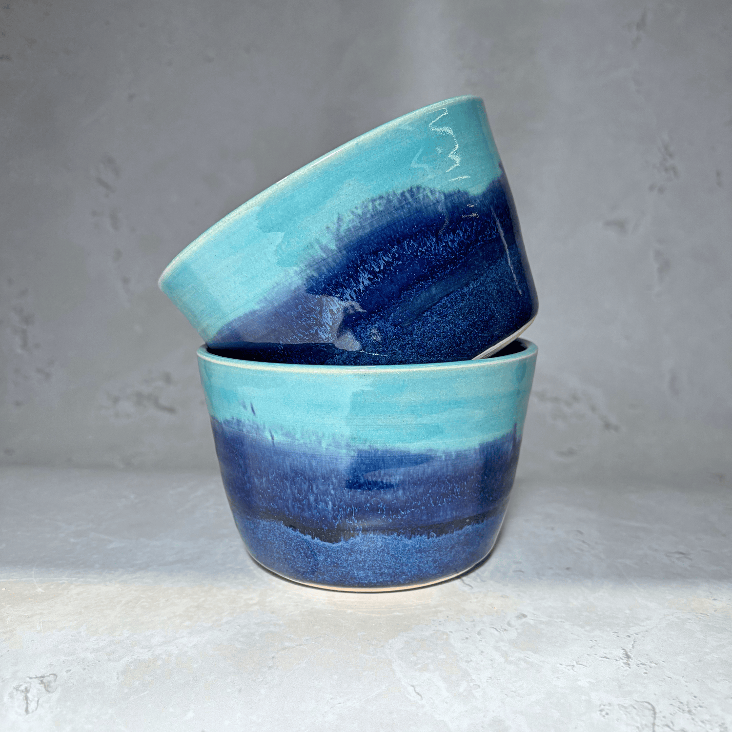 Ella Fletcher Designs Handmade Ceramic Small Bowl in Blue Landscape, small bowl with layers of blues in a stack of two