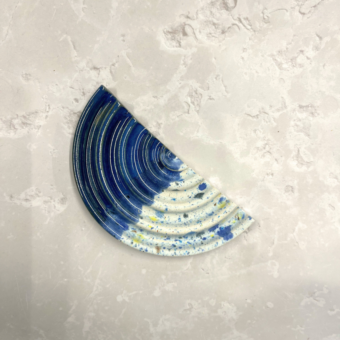Ella Fletcher Designs Handmade Ceramic Soap Dish in Navy Shoreline, semi circle soap dish with ridges