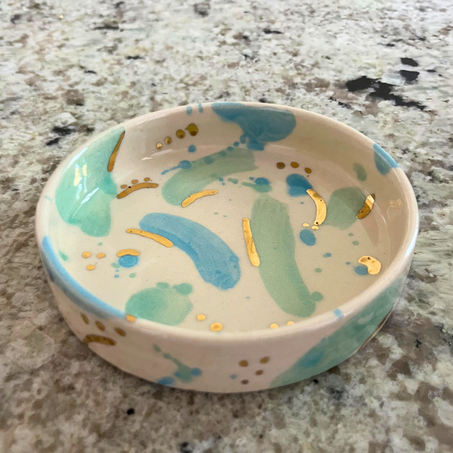 Ella Fletcher Designs Handmade Ceramics Trinket Dish in Green and Blue Sea Glass with Gold lustre