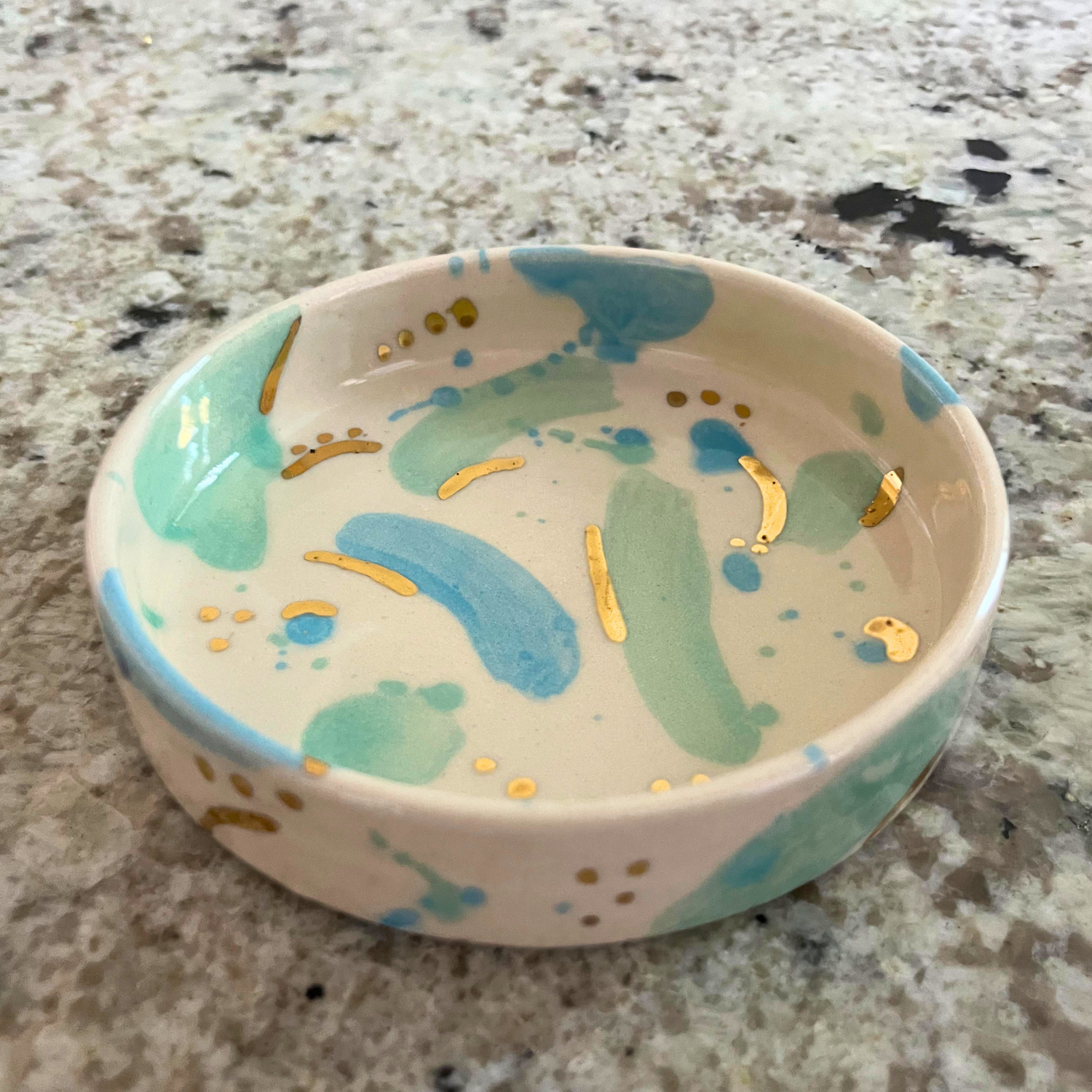 Ella Fletcher Designs Handmade Ceramics Trinket Dish in Green and Blue Sea Glass with Gold lustre