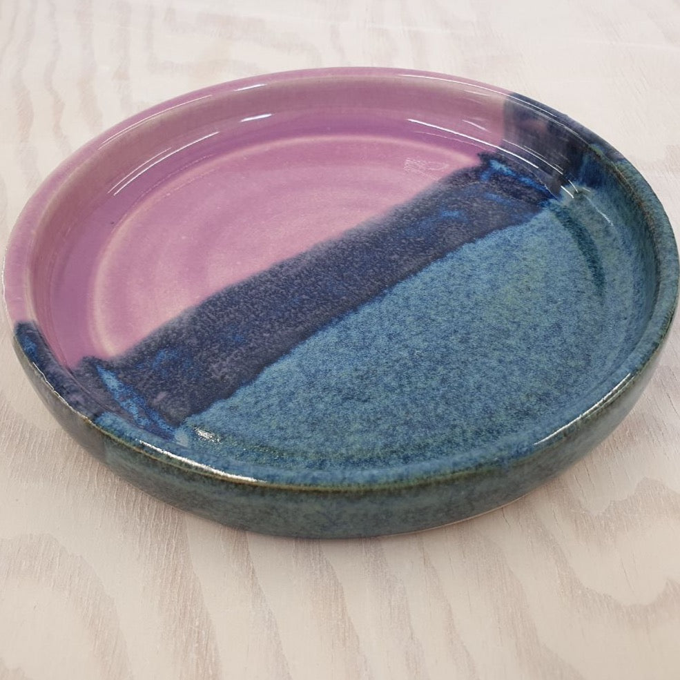 Ella Fletcher Designs Handmade Ceramic Trinket Dish in Pink Scottish Landscape, small round dish with layers of pink and blues