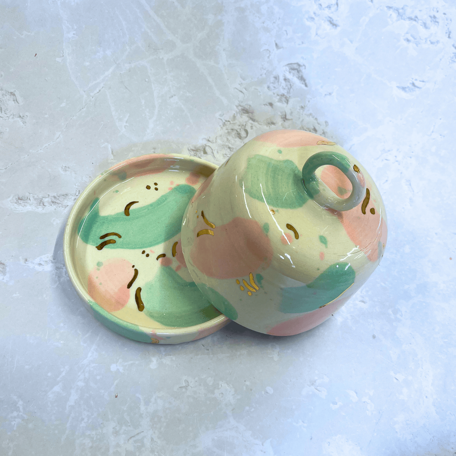 Ella Fletcher Designs Handmade Ceramic Butter Dish in Green & Pink Sea Glass, domed lid and dish with blobs of green and pink with gold speckle