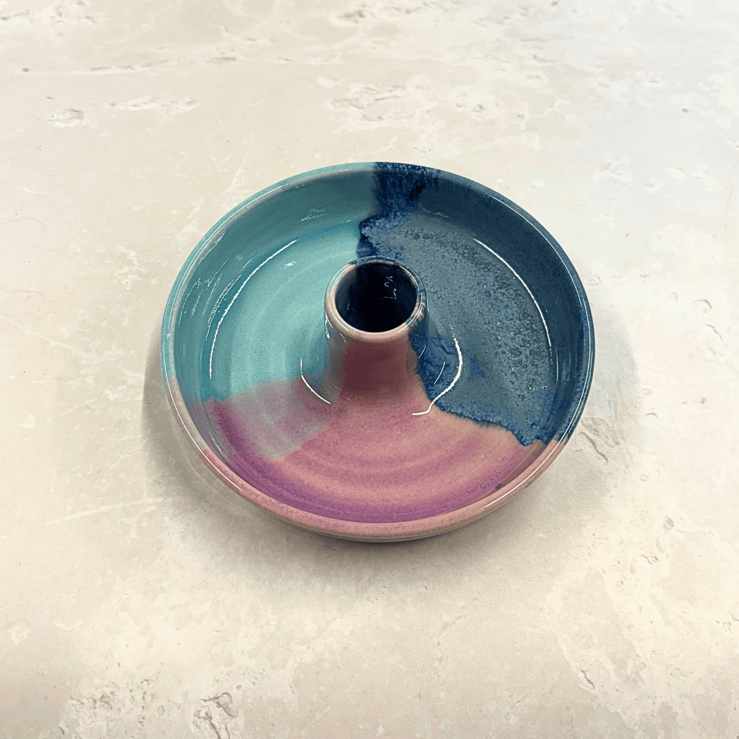 Ella Fletcher Designs Handmade Ceramic Candle Stick Holder in Scottish Sunrise Landscape Design, candle stick holder with layers of blues and pinks