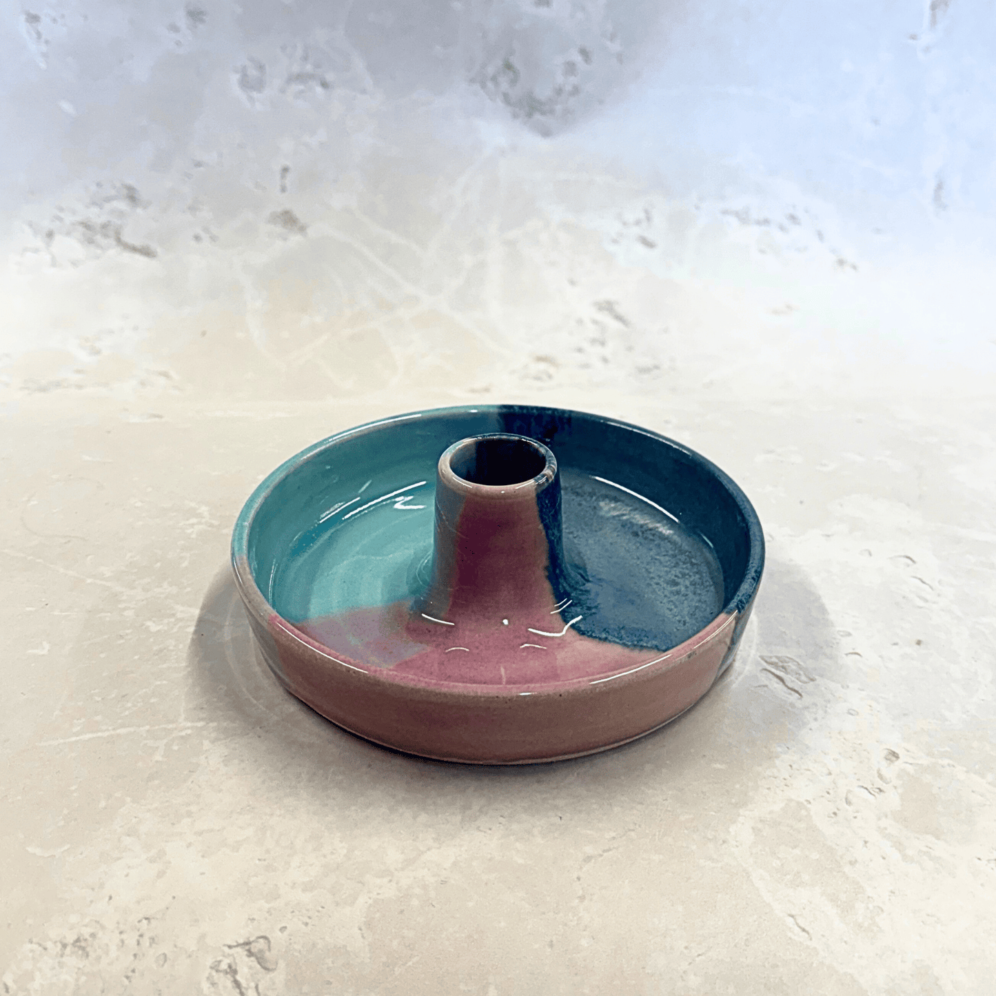 Ella Fletcher Designs Handmade Ceramic Candle Stick Holder in Scottish Sunrise Landscape Design, candle stick holder with layers of blues and pinks