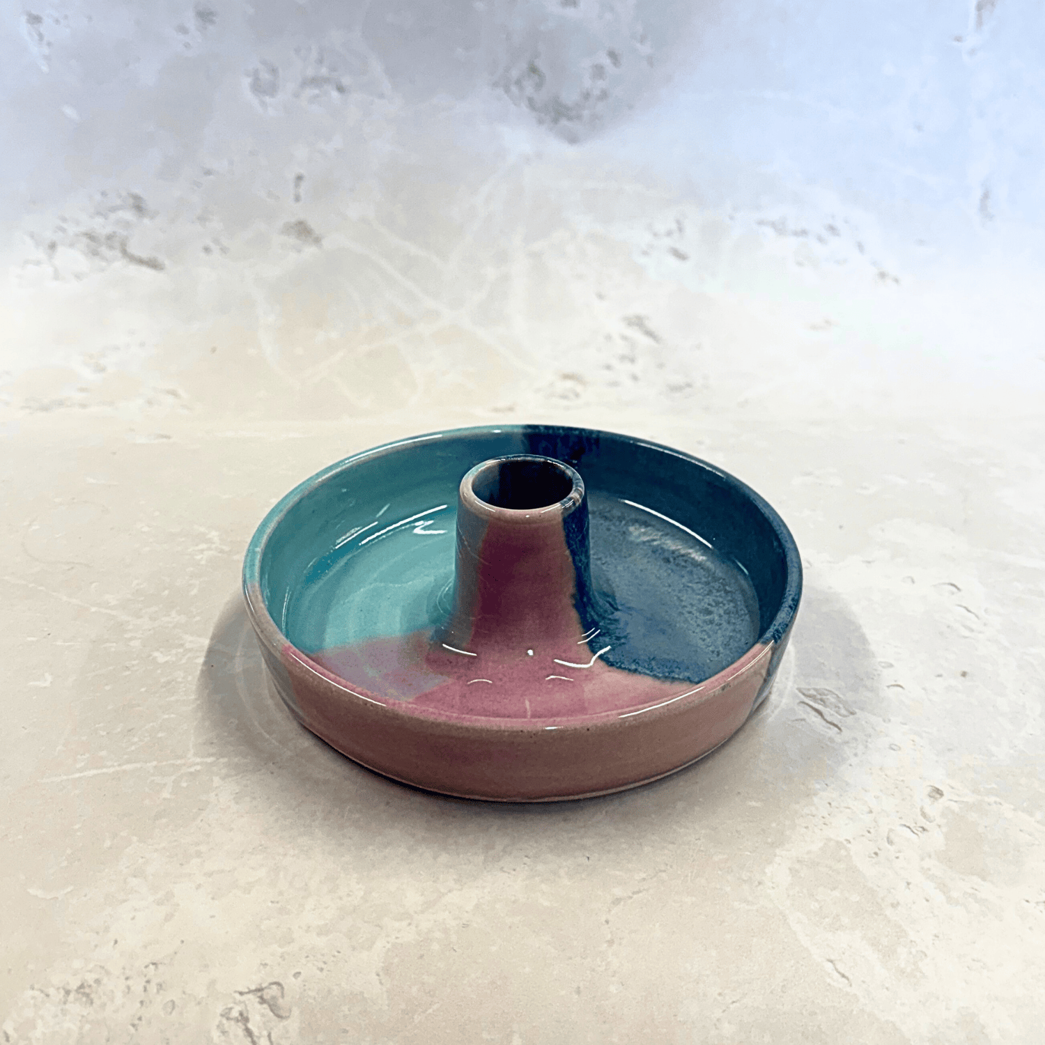 Ella Fletcher Designs Handmade Ceramic Candle Stick Holder in Scottish Sunrise Landscape Design, candle stick holder with layers of blues and pinks
