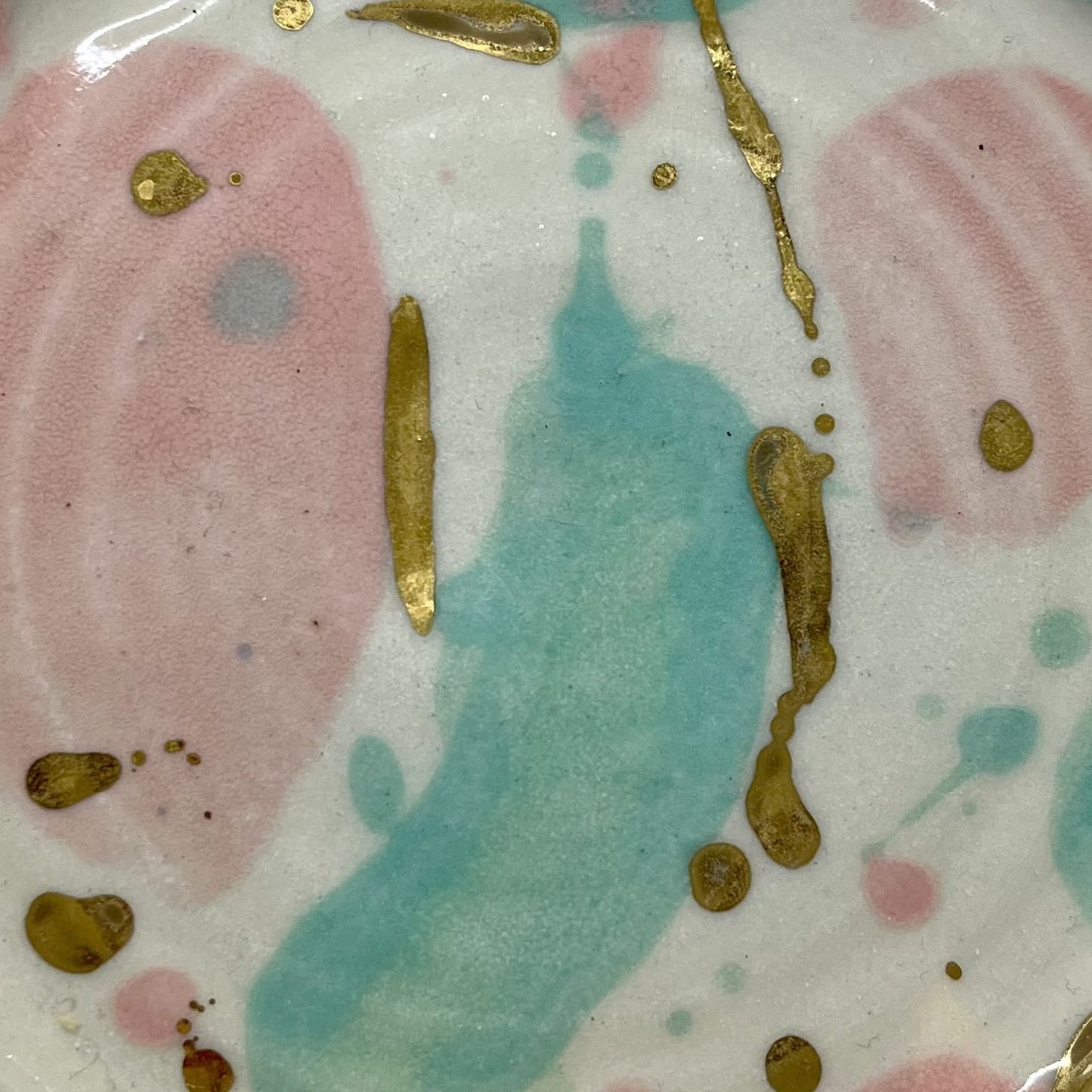 Ella Fletcher Designs Handmade Ceramic in Green/Pink Sea Glass Design, white background with green, pink and gold patches