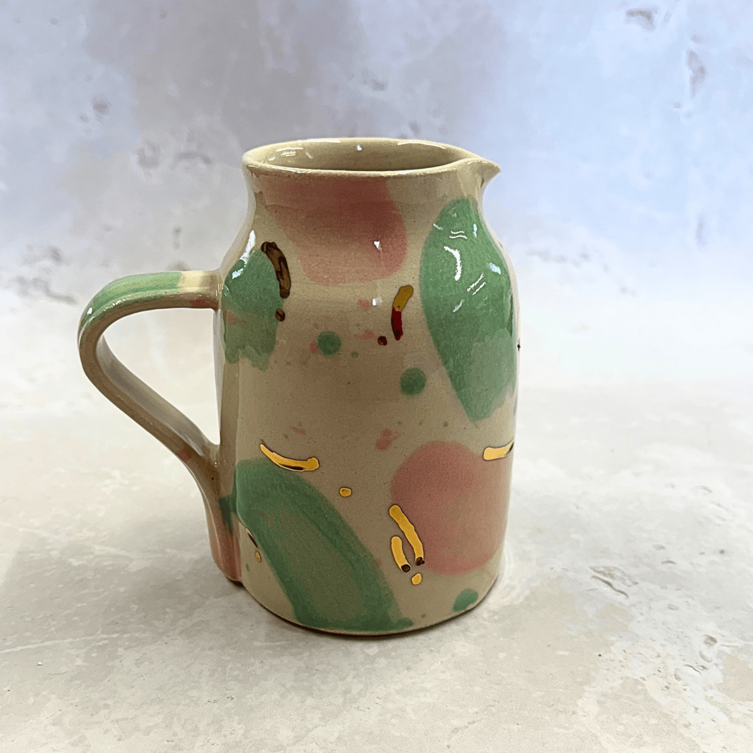 Ella Fletcher Designs Handmade UK Ceramic Jug in Green & Pink Sea Glass, jug with spots of pink and green with speckles of gold