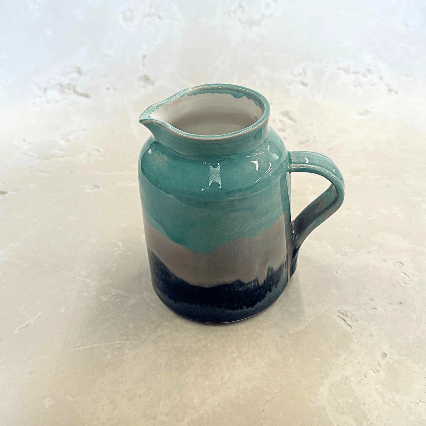 Ella Fletcher Designs Handmade Ceramic Jug in Scottish Sunrise Landscape, hand-thrown jug with layers of pinks and blues