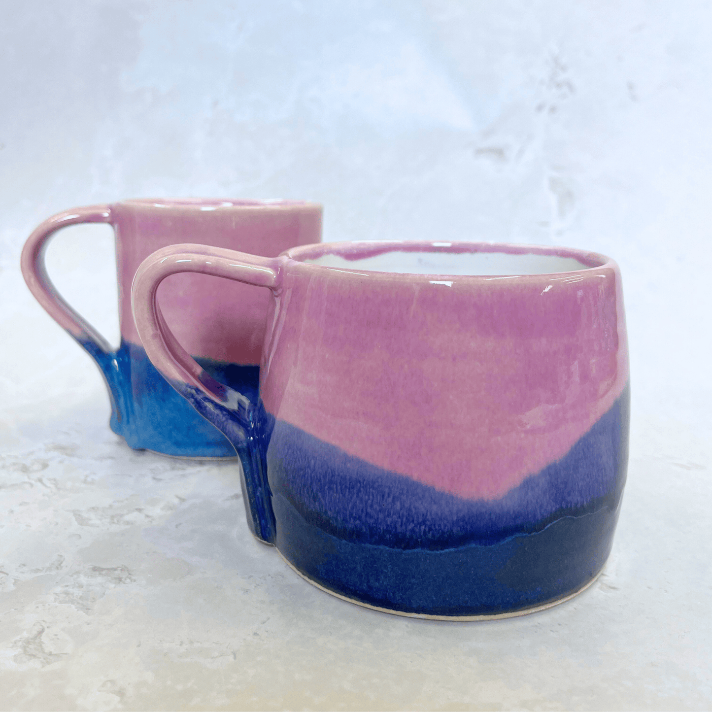 Ella Fletcher Designs Handmade Ceramic Pink Scottish Landscape Design on Large Round Mug, layers of blues and pinks inspired by the Scottish Landscape
