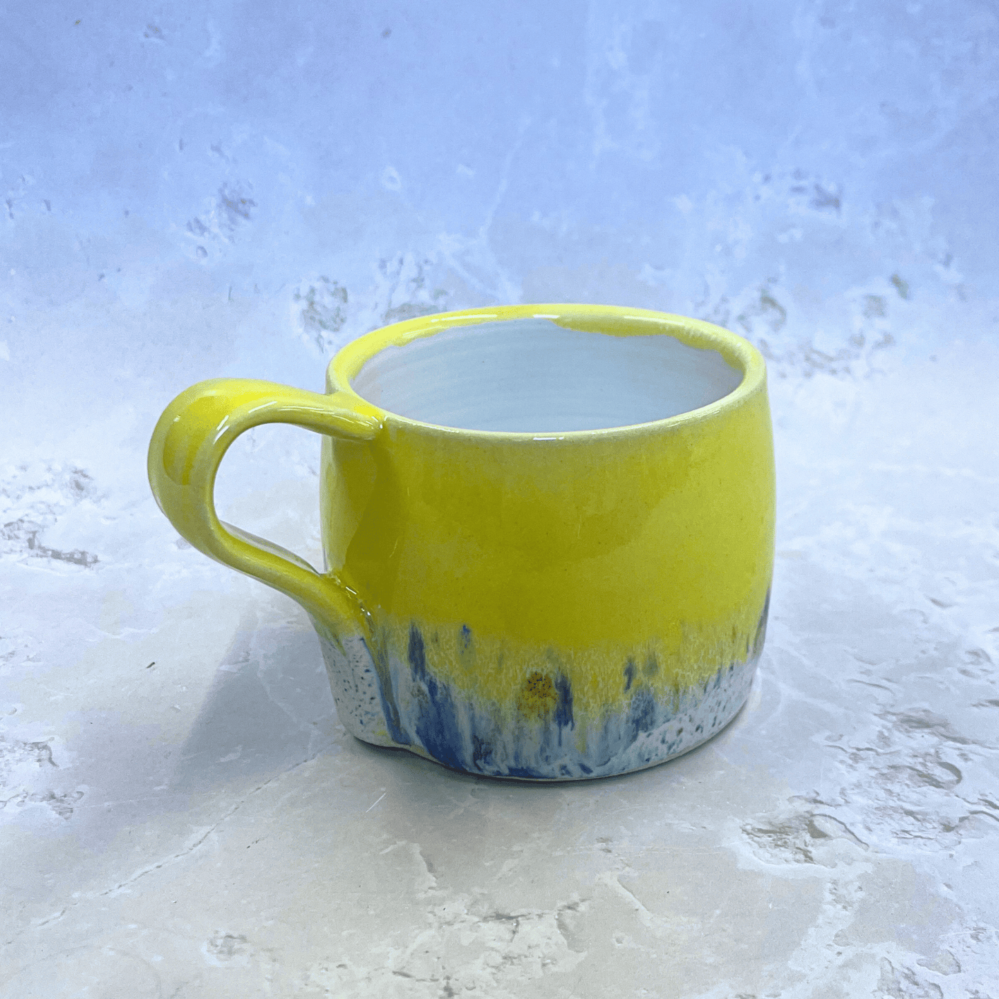Ella Fletcher Designs Handmade Ceramics Round Large Mug in Yellow Shoreline with yellow and multi-coloured speckled design