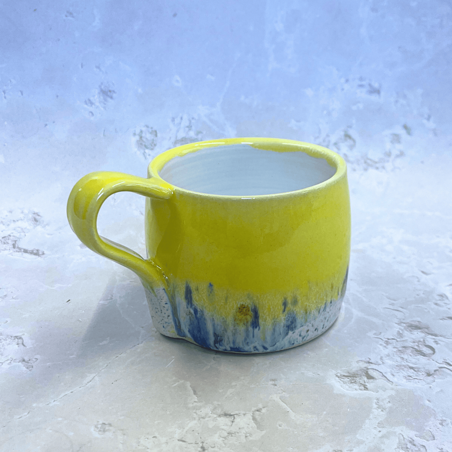 Ella Fletcher Designs Handmade Ceramics Round Large Mug in Yellow Shoreline with yellow and multi-coloured speckled design