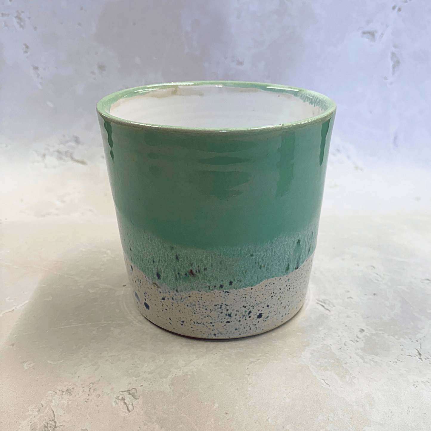 Ella Fletcher Designs Handmade Ceramics Pot in Green Shoreline, plant pot with green and multi-coloured speckles