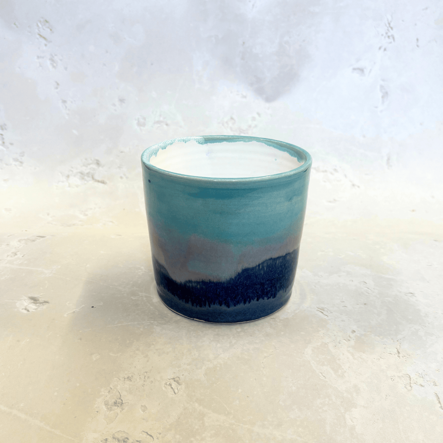 Ella Fletcher Designs Handmade Ceramics Pot in Scottish Sunrise Landscape, plant pot with layers of blues and pinks
