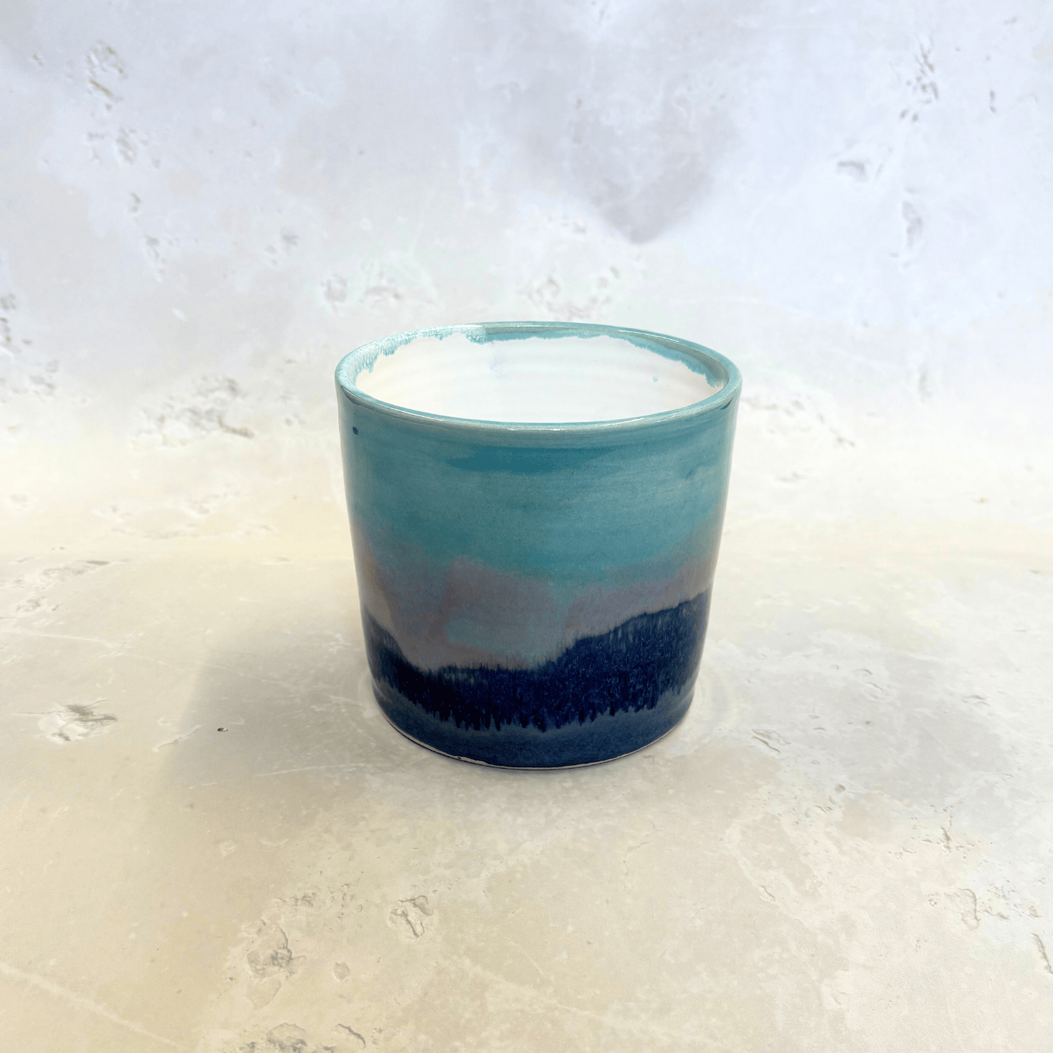 Ella Fletcher Designs Handmade Ceramics Pot in Scottish Sunrise Landscape, plant pot with layers of blues and pinks