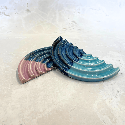 Ella Fletcher Designs Handmade Ceramics Soap Dish in Scottish Sunrise Landscape and Blue Landscape designs, stacked on top of each other