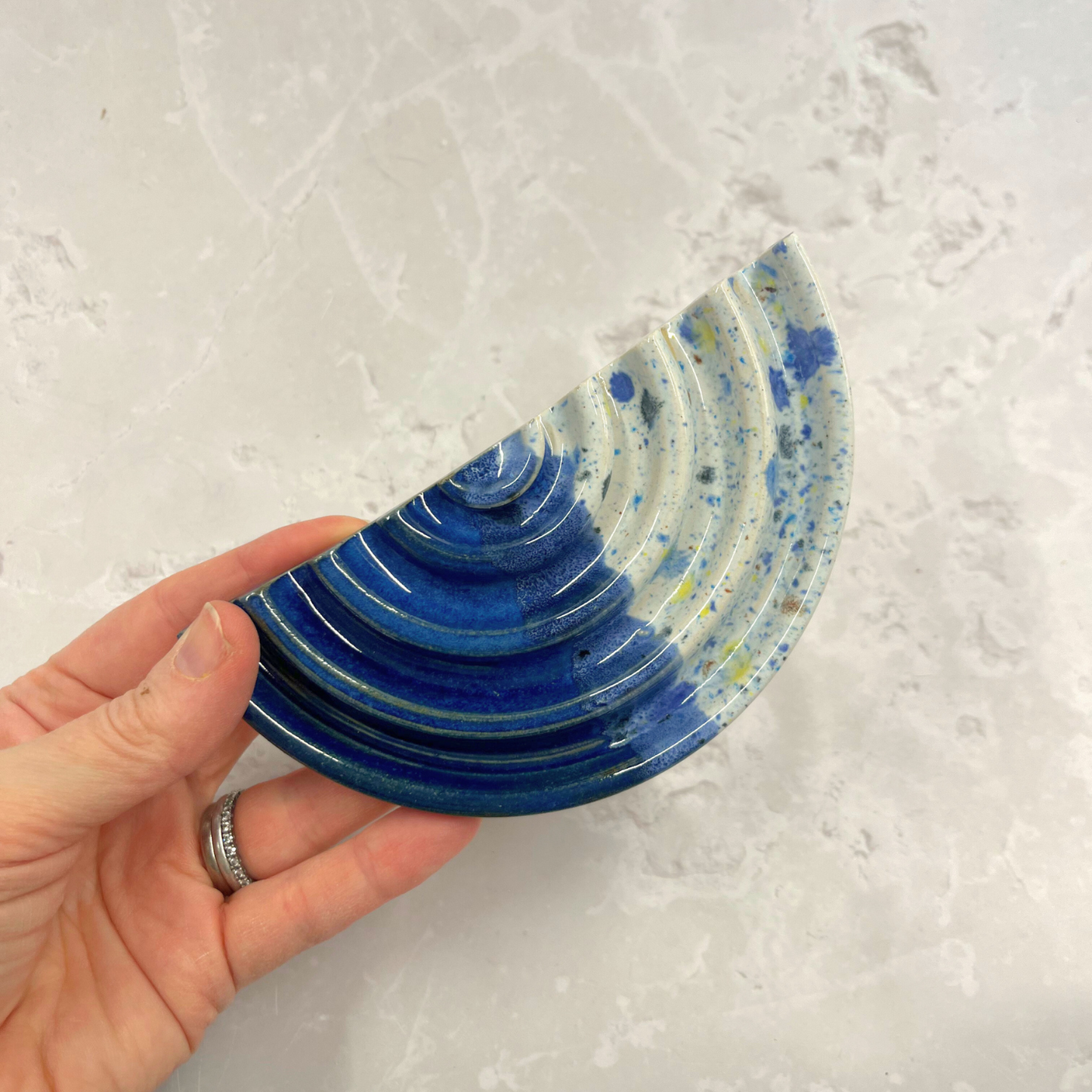 Ella Fletcher Designs Handmade Ceramic Soap Dish in Navy Shoreline, semi circle soap dish with ridges