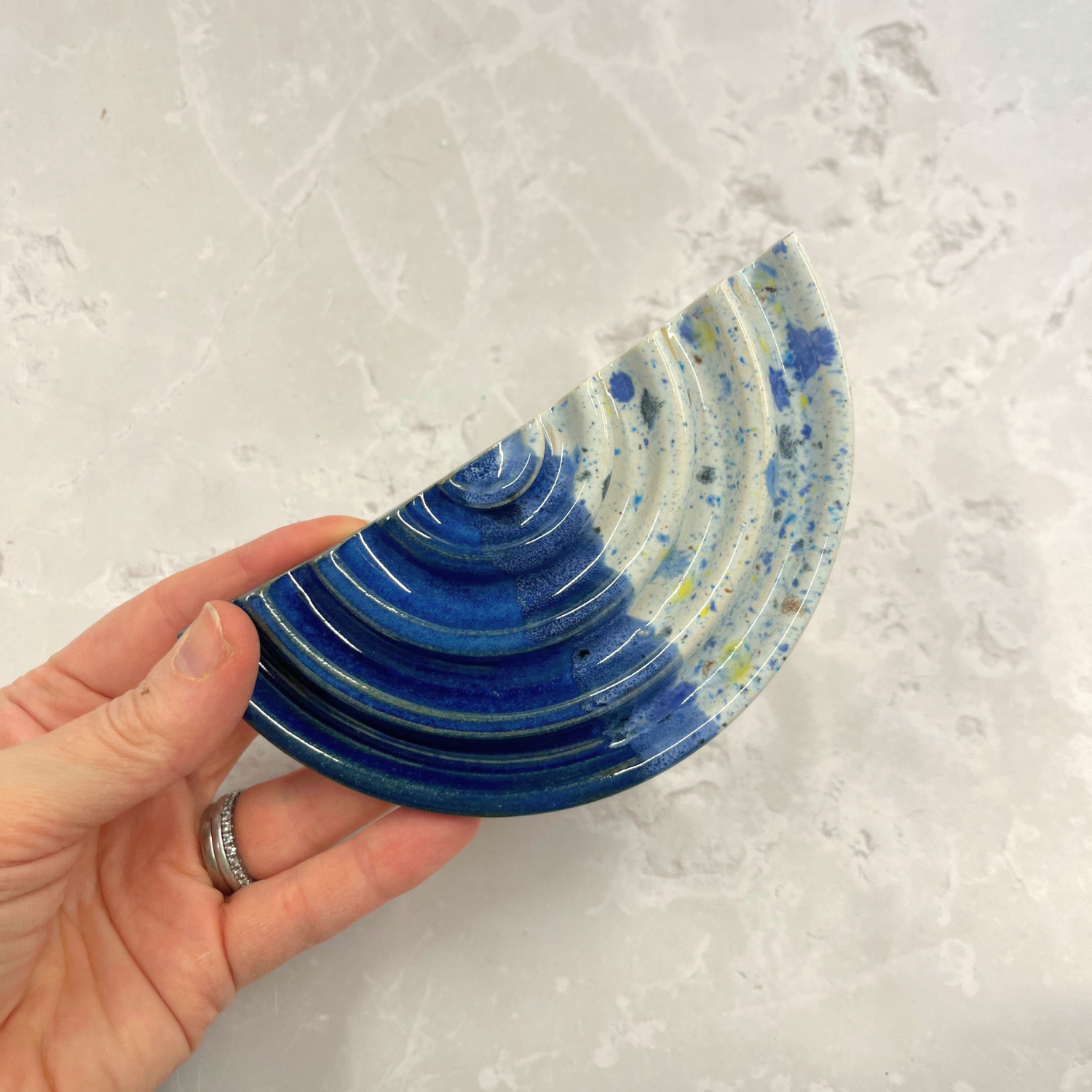 Ella Fletcher Designs Handmade Ceramic Soap Dish in Navy Shoreline, semi circle soap dish with ridges