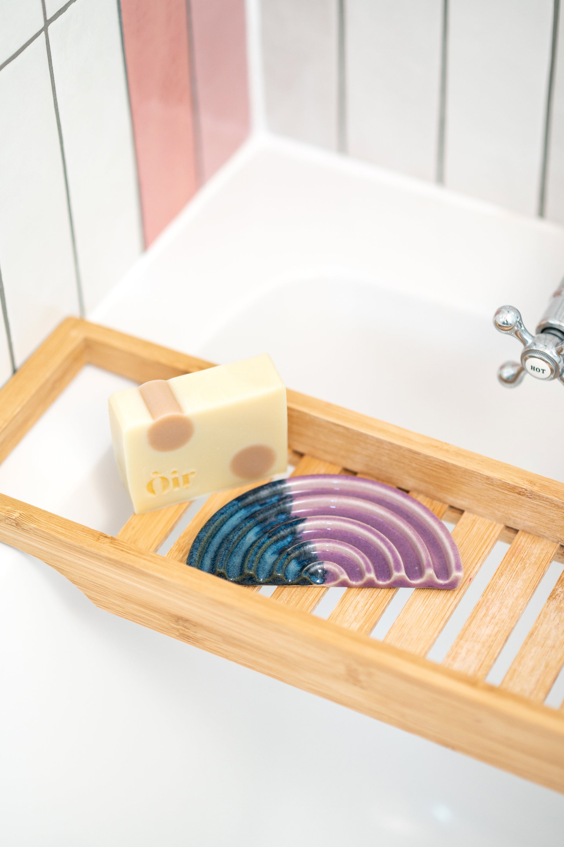 Ella Fletcher Designs Handmade Ceramic Pink Landscape Soap Dish with soap in bath