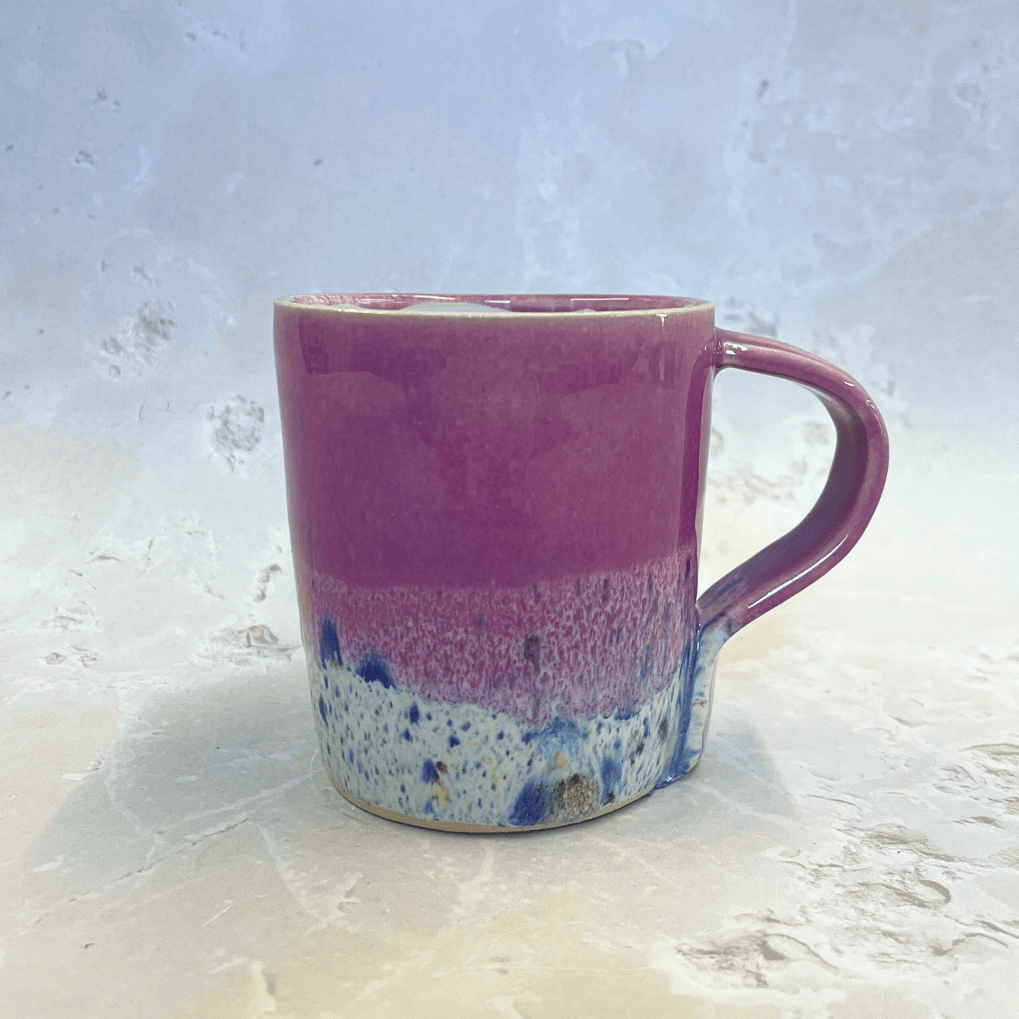 Ella Fletcher Designs Ceramic Standard Mug in Pale Pink Shoreline Design, pale pink top half with speckled bottom half inspired by the shoreline at East Lothian beaches