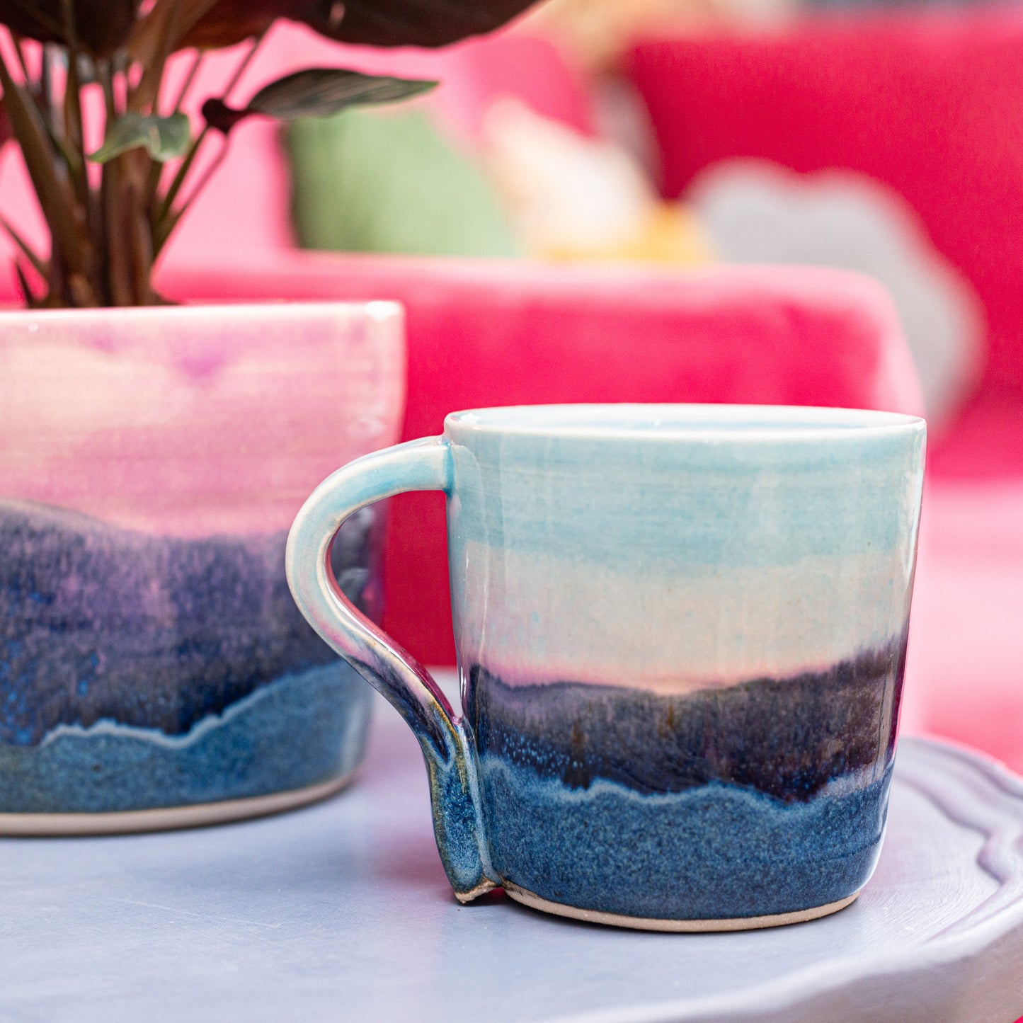 Ella Fletcher Designs Handmade Ceramics Standard Mug in Scottish Landscape Design, layers of blues and pinks resembling the Scottish landscape