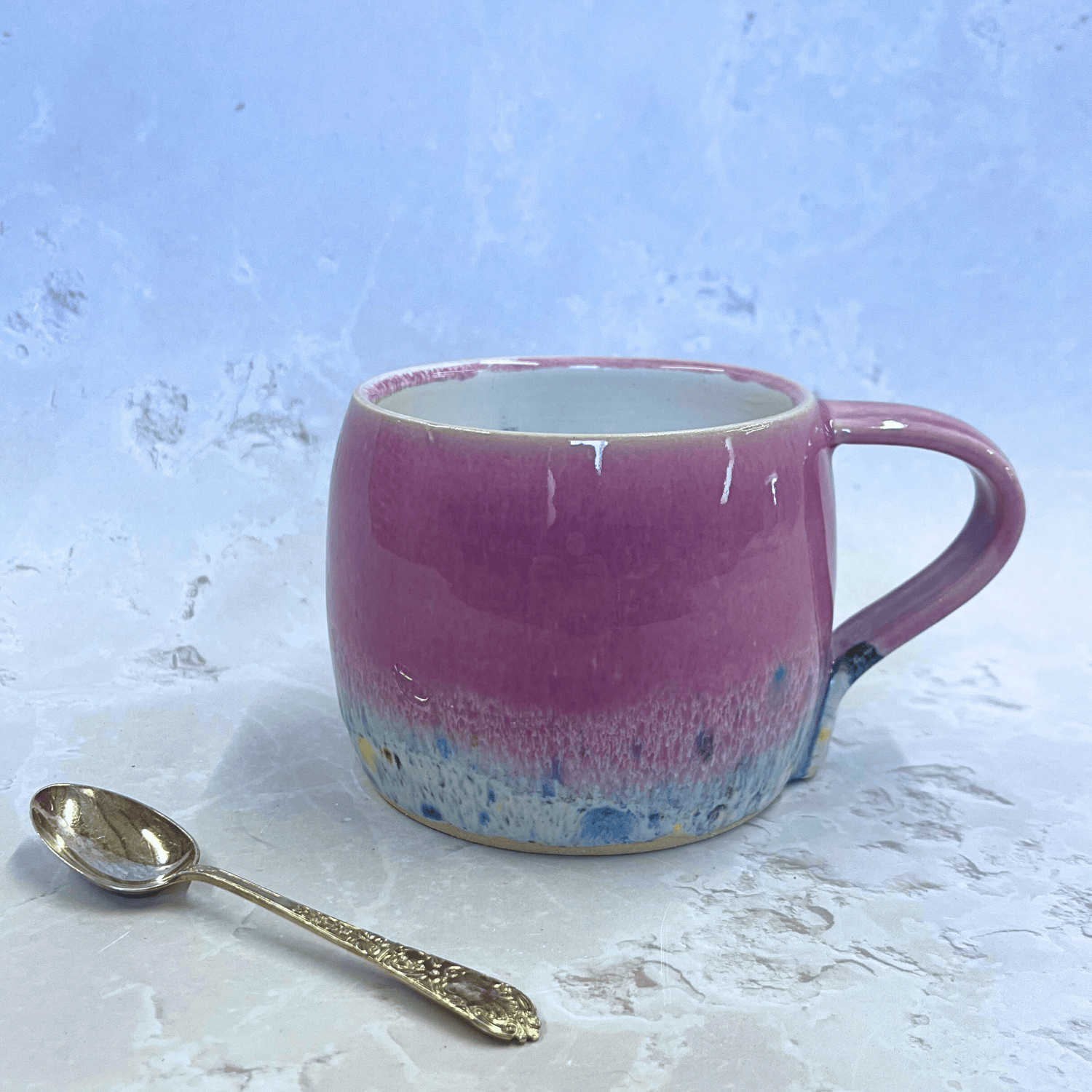 Ella Fletcher Designs Handmade Ceramics Round Large Mug in Pink Shoreline with pink and multi-coloured speckled design inspired by the Scottish shoreline