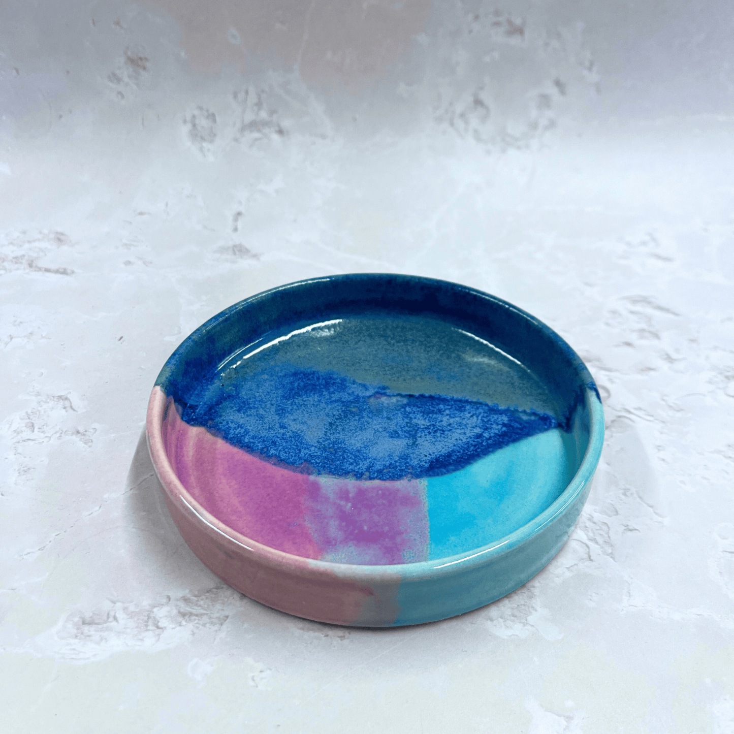 Ella Fletcher Designs Handmade Ceramics Trinket Dish in Scottish Sunrise Landscape, small round dish with layers of blues and pinks