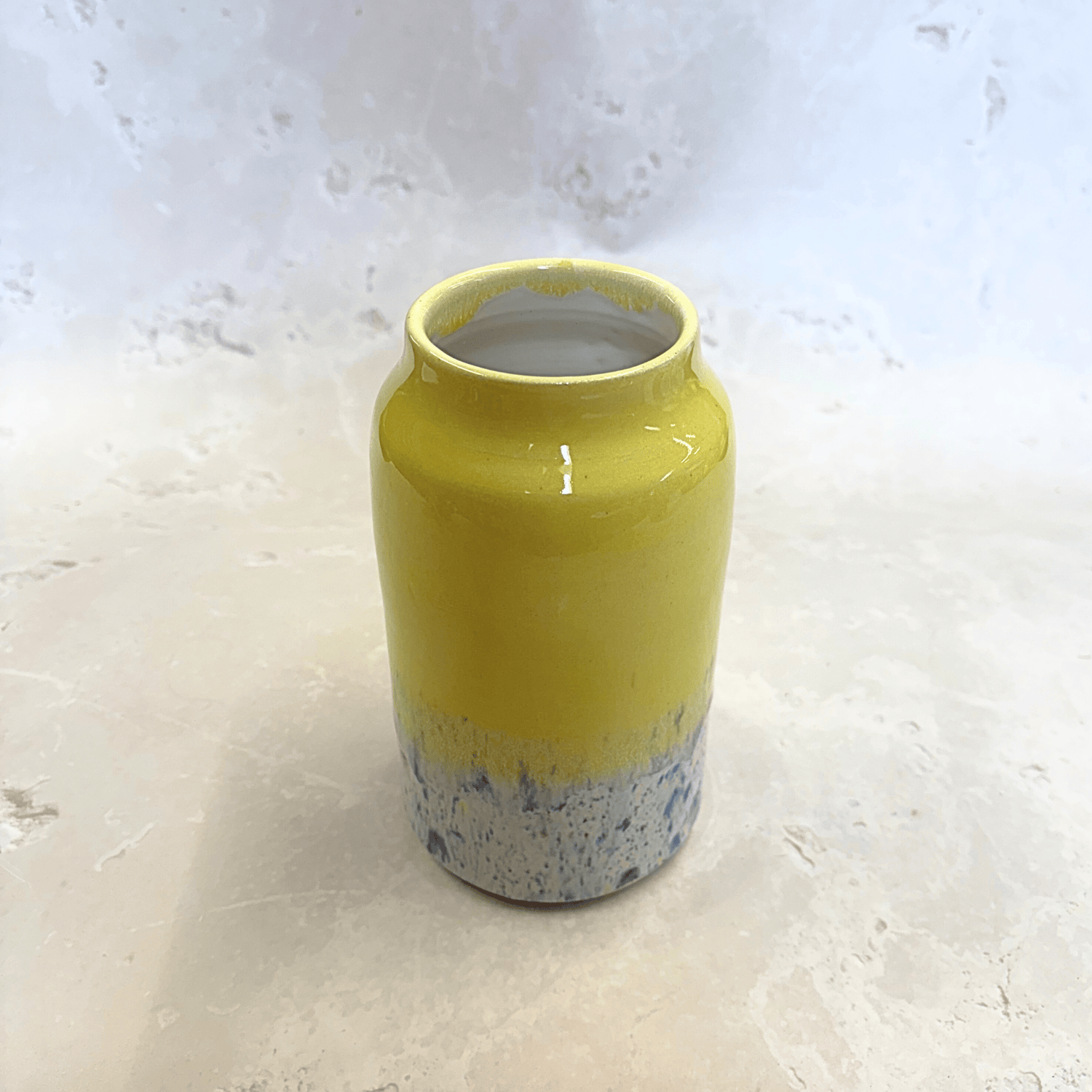 Ella Fletcher Designs Handmade Ceramic Vase in Yellow Shoreline Design, vase with yellow and multi-coloured speckles