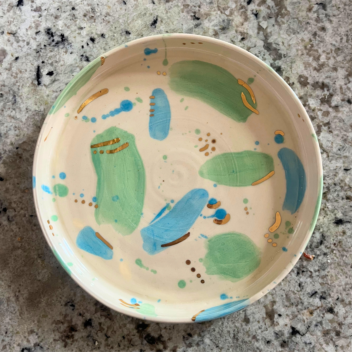 Ella Fletcher Designs Handmade Ceramics Trinket Dish in Green and Blue Sea Glass with Gold lustre top view