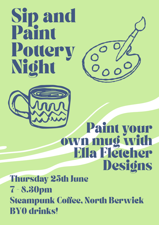 Promotional flyer for Sip and Paint Pottery Night with a mug and paint palette illustration on a green background.