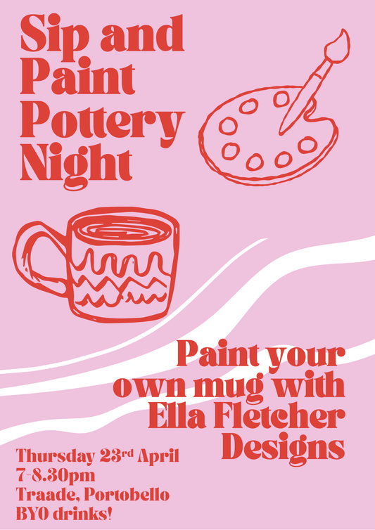 Promotional poster for Sip and Paint Pottery Night with a mug, paint palette, and text on a pink background.
